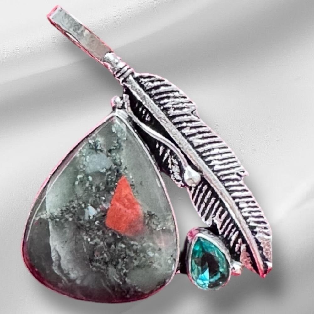 Handcrafted Artisan Green BOOLDSTONE Teardrop Pendant and Blue Aquamarine Accent